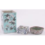 A Chinese square porcelain brush pot, painted enamel blue and white floral designs, height 12cm,