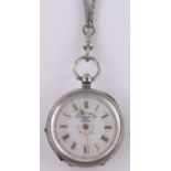 A Swiss engraved silver cased key wind fob watch, retailed by Masters Ltd.