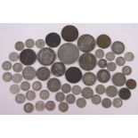 Collection of English silver and bronze coins and medallions.