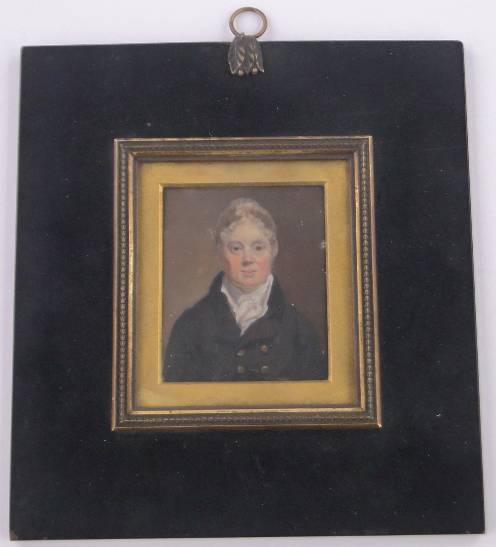 Georgian miniature watercolour on ivory, half length portrait of a gentleman, unsigned, 8cm x 7cm,