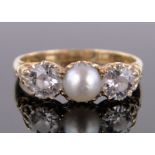 An 18ct gold 3 stone diamond and pearl ring, diamonds approx. 0.