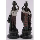 A pair of 19th century continental painted terracotta candlesticks in the form of figures carrying