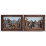 A pair of carved and painted wood relief plaques, depicting continental harbour and village scenes,