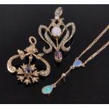 An Art Nouveau opal, garnet and pearl set open work pendant, unmarked gold settings, height 40mm,