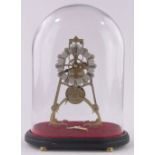 A brass 8-day skeleton clock, silvered dial with single fusee movement under glass dome,