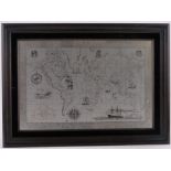 A modern engraved hallmarked silver map of the world, in stained wood frame,