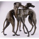 Pair of life size bronze standing Greyhounds, length 68cm, height 80cm.
