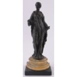A 19th century patinated bronze standing classical figure, turned coloured marble plinth base,
