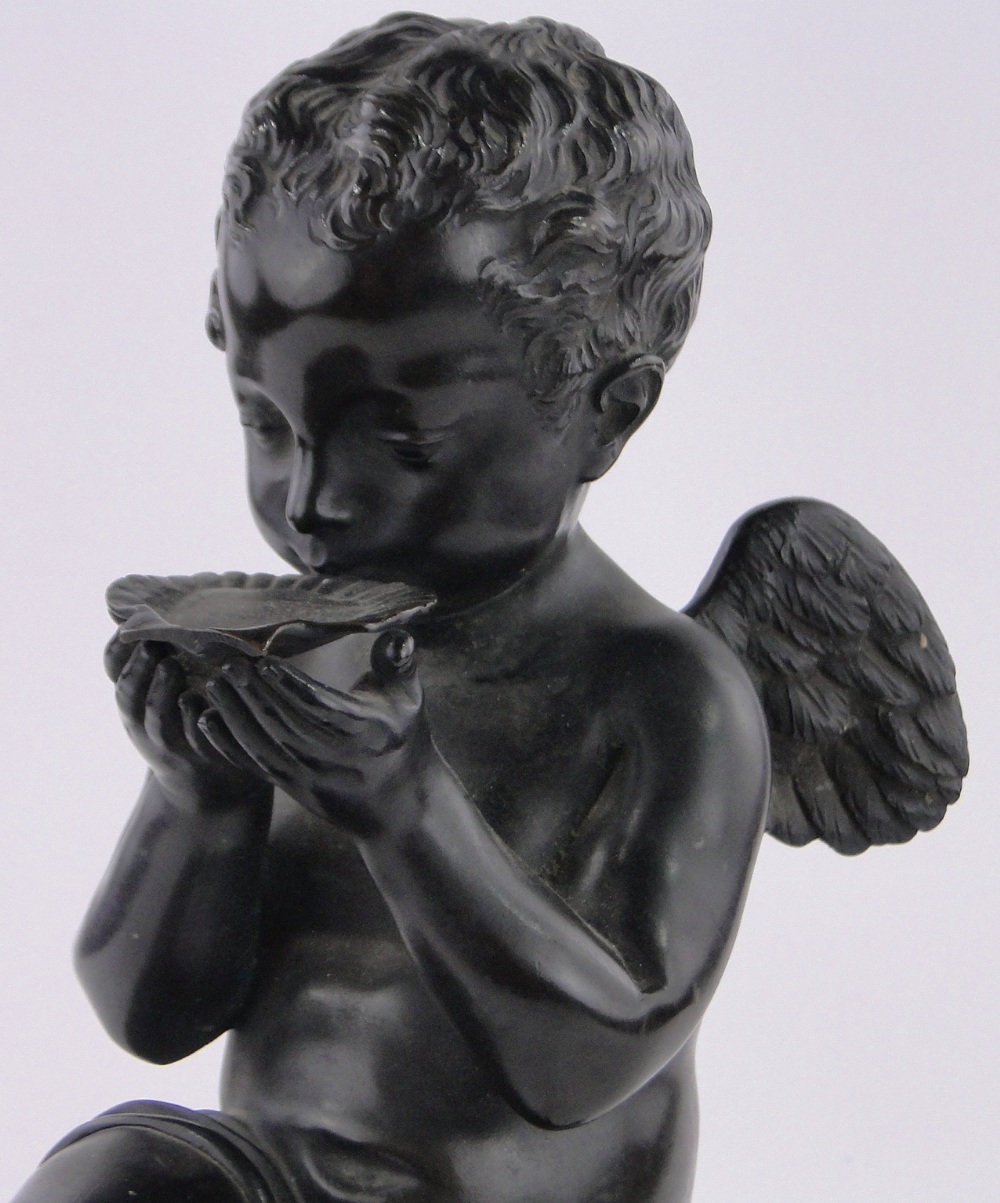 A 19th century patinated bronze sculpture of Eros drinking from a scallop shell, unsigned, - Image 2 of 3