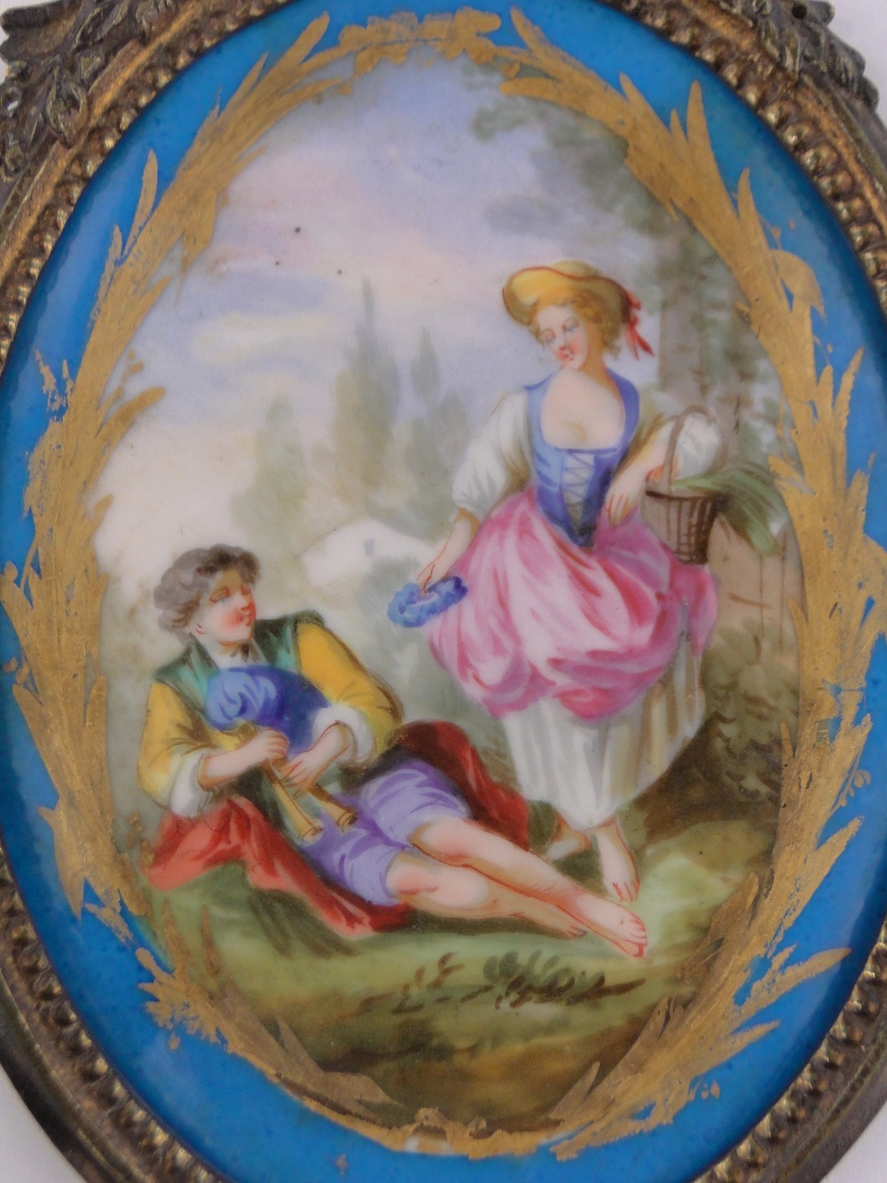 A 19th century French painted porcelain plaque in ribbon ormolu frame, overall height 19. - Image 3 of 3
