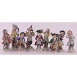 9 Various continental porcelain monkey band figures, largest height 16cm.