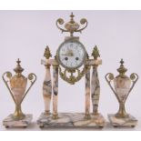 A French peach marble and ormolu 4 pillar clock garniture,