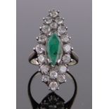 An emerald and diamond marquise cluster ring, total diamond content over 1ct,