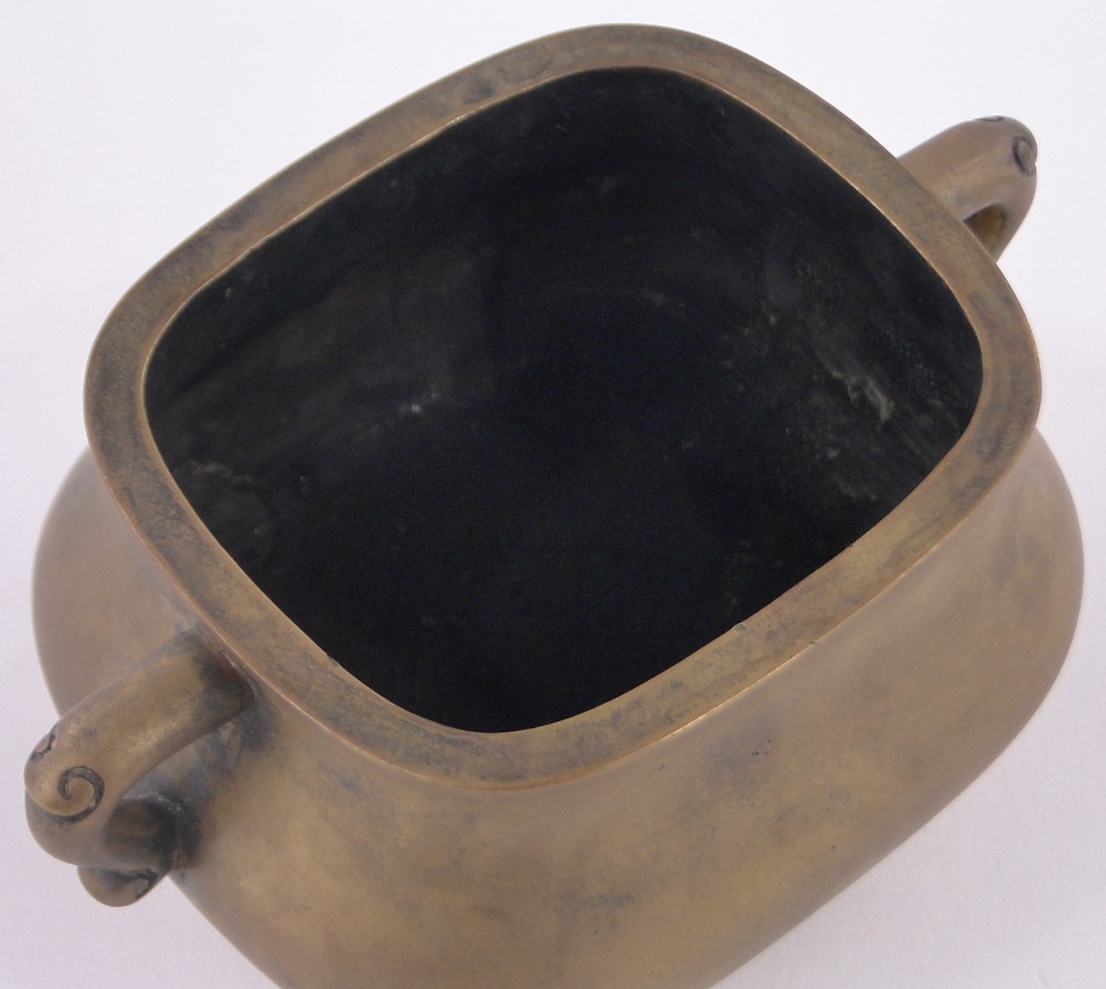 A Chinese bronze 2-handled censer, of bulbous rectangular form, impressed seal mark under, - Image 2 of 3