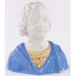 A 19th century Italian Majolica pottery classical bust of a youth, continental marks under base,