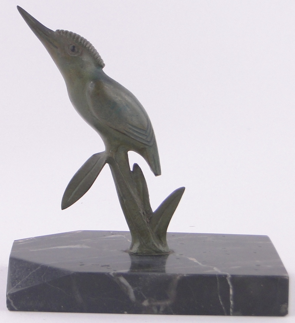 A French Art Deco patinated bronze Kingfisher sculpture, unsigned on marble plinth, height 14cm,