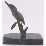 A French Art Deco patinated bronze Kingfisher sculpture, unsigned on marble plinth, height 14cm,