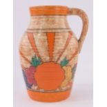 A Clarice Cliff "Bizarre" Lotus pattern jug, painted sunburst design, height 30cm.