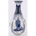 A European blue and white ceramic narrow necked vase, hand painted Oriental figures, height 26cm.