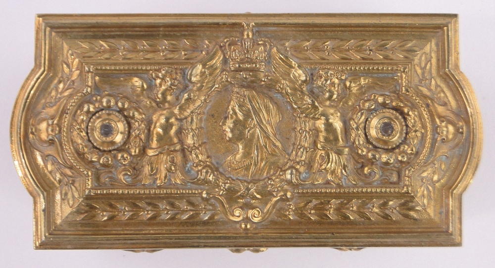 An ornate Victorian relief cast gilt bronze casket, Commemorating Victoria's Diamond Jubilee, - Image 4 of 5