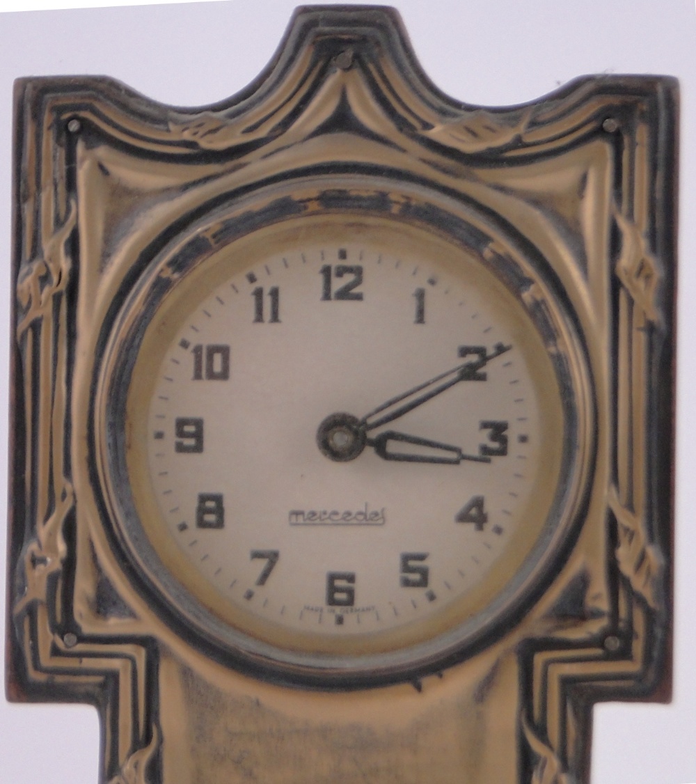 An Edwardian embossed silver fronted miniature long case clock, dial signed Mercedes, - Image 2 of 3