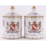 Pair of Sampson cylindrical porcelain pots and covers, painted floral designs, height 16cm,