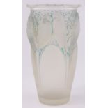 A Rene Lalique Perruches blue stained opalescent glass vase, relief embossed bird designs,