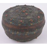 A 19th century Chinese turned wood silver enamel and stone set circular box,