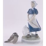 A Royal Copenhagen porcelain goose girl, height 24cm and a Copenhagen Cock Sparrow, (2).