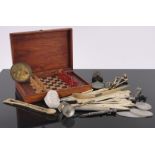 Box of various items, including sewing items, Chinese mother of pearl gaming counters,