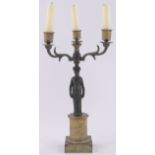 19th century French bronze 3 branch candelabrum, supported by a Classical female figure,