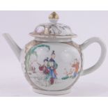 An 18th century Chinese porcelain teapot, hand painted panels depicting figures in gardens,