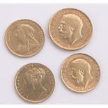 A 1912 gold sovereign and 3 half sovereigns, 1876, 1900 and 1913.