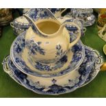 Wedgwood Queensware wash, jug and bowl and 2 blue and white tureen stands.
