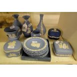 Wedgwood blue Jasperware dishes, boxes and vases.