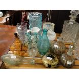 A pair of glass vases with coral decoration, a Vaseline glass light shade and another, paperweight,