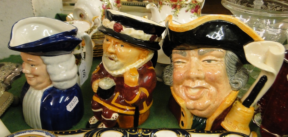 A large Royal Doulton Town Crier character jug and 2 others.
