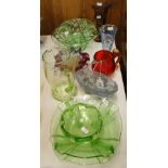 Green glass bowls, Art Glass dish and mug, etc.