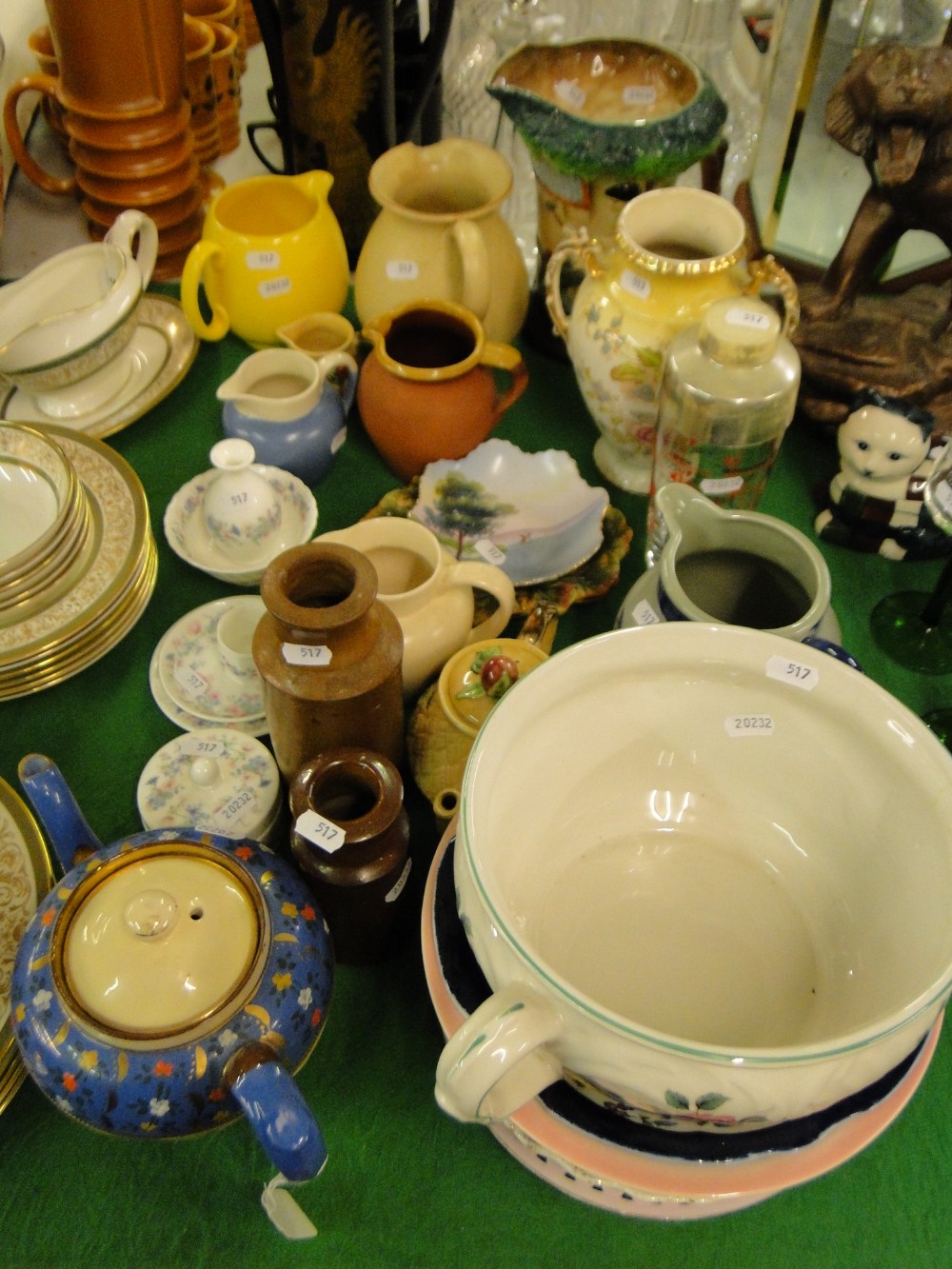 Various jugs, chamber pot, etc., including a Burleighware village blacksmith jug.