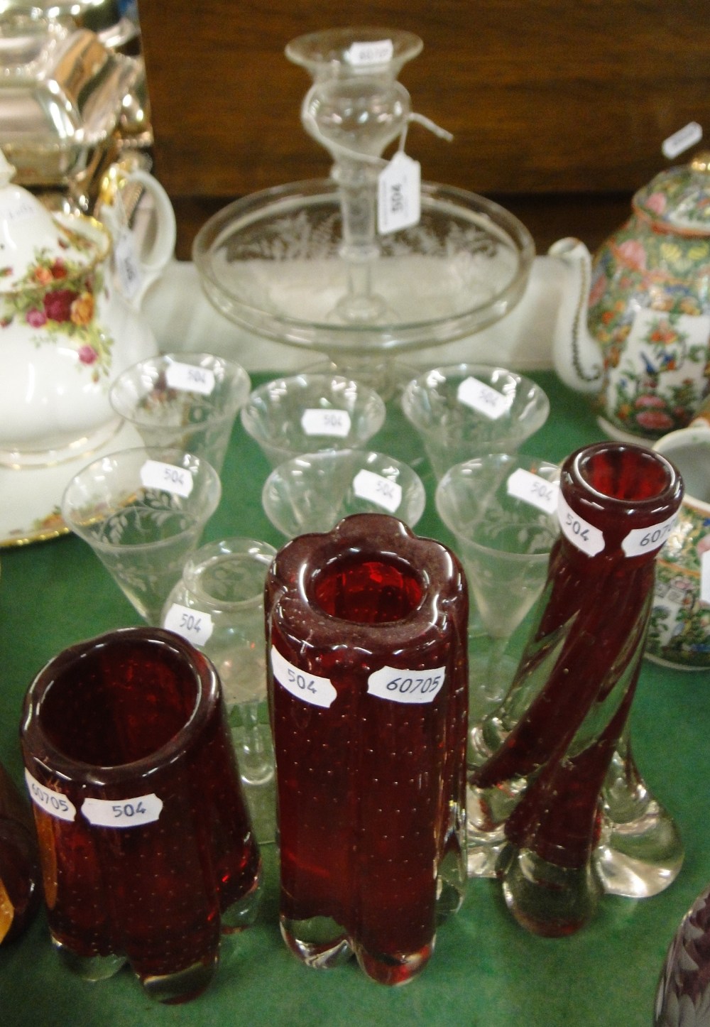 Etched glass epergne and 6 glasses, ruby glass vases.