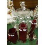 Etched glass epergne and 6 glasses, ruby glass vases.