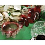 Cranberry glass jugs, a small Steiff bear, etc.