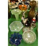 2 Art Glass vases, Cranberry bell, Vaseline glass dish, etc.