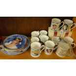 2 Boxed Aynsley Princes mugs by Peter Jones, various other Royal Commemorative mugs and plates.