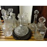 Glass decanters and stoppers.