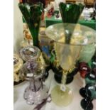 A 19th century amethyst glass table lustre, cut-glass lustre drops,