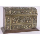 An Art Nouveau embossed brass and oak stationery box, circa 1900, length 22cm.