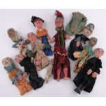 A set of 11 early 20th century Punch & Judy puppets, composition painted heads with wooden hands,