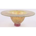 Bev Jacks, yellow Studio glass sunflower pattern bowl with orange foot, signed and dated 1994,