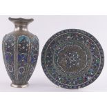 Unmarked Indian white metal and champleve enamel vase and matching dish, vase height 27cm,